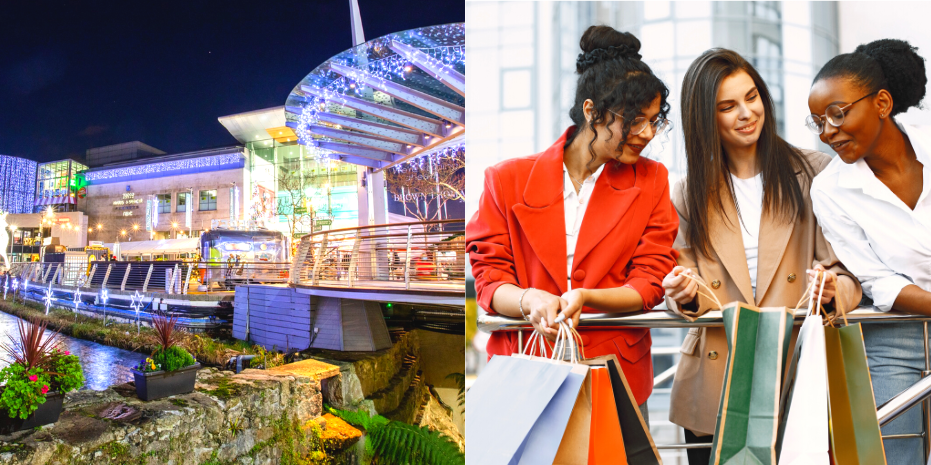 Shoppers in centre and view of outside.