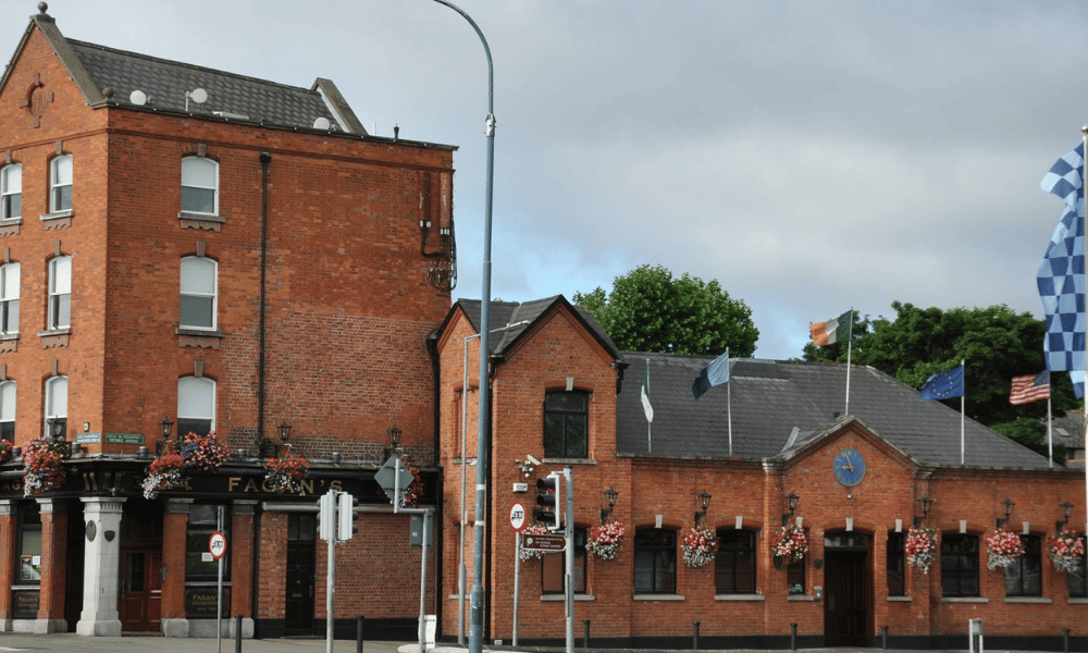 Fagan's pub Drumcondra with flags and the exterior of the pub